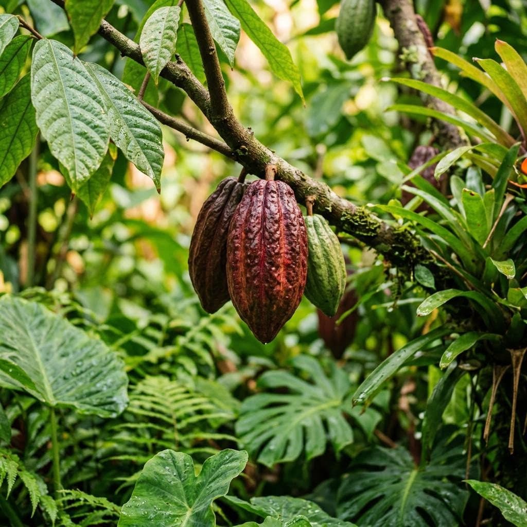 Ripe cacao pods growing in a lush Hawaiian forest